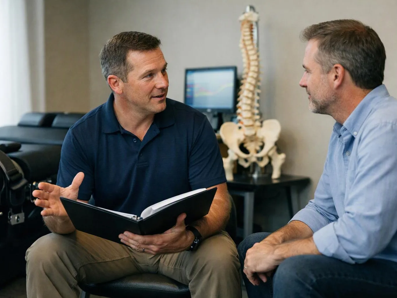 Two men sit in a clinic office, talking while one holds an open binder and a spine model stands behind them