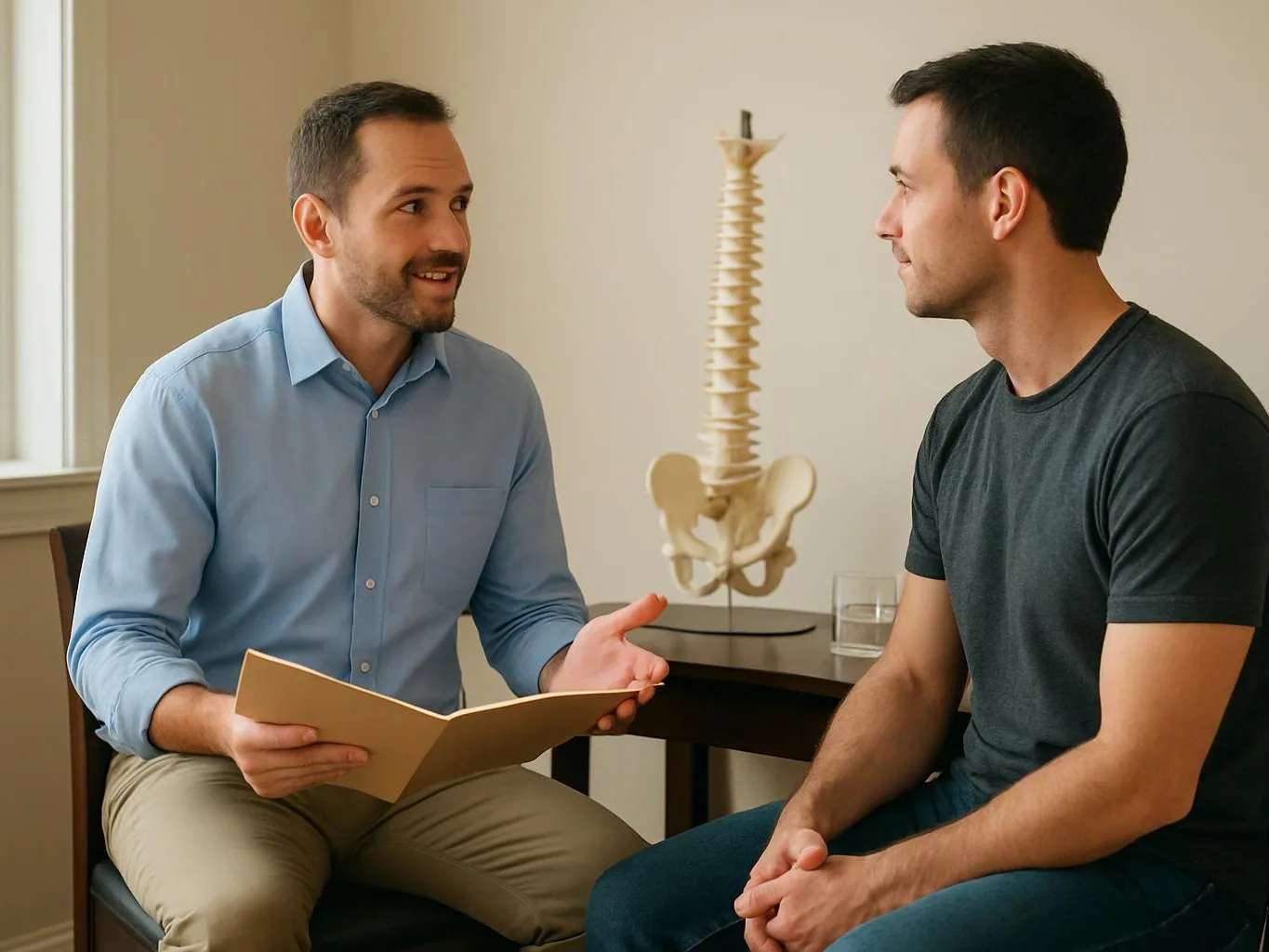 Two men sit facing each other in a bright room, talking beside a spine model on a table