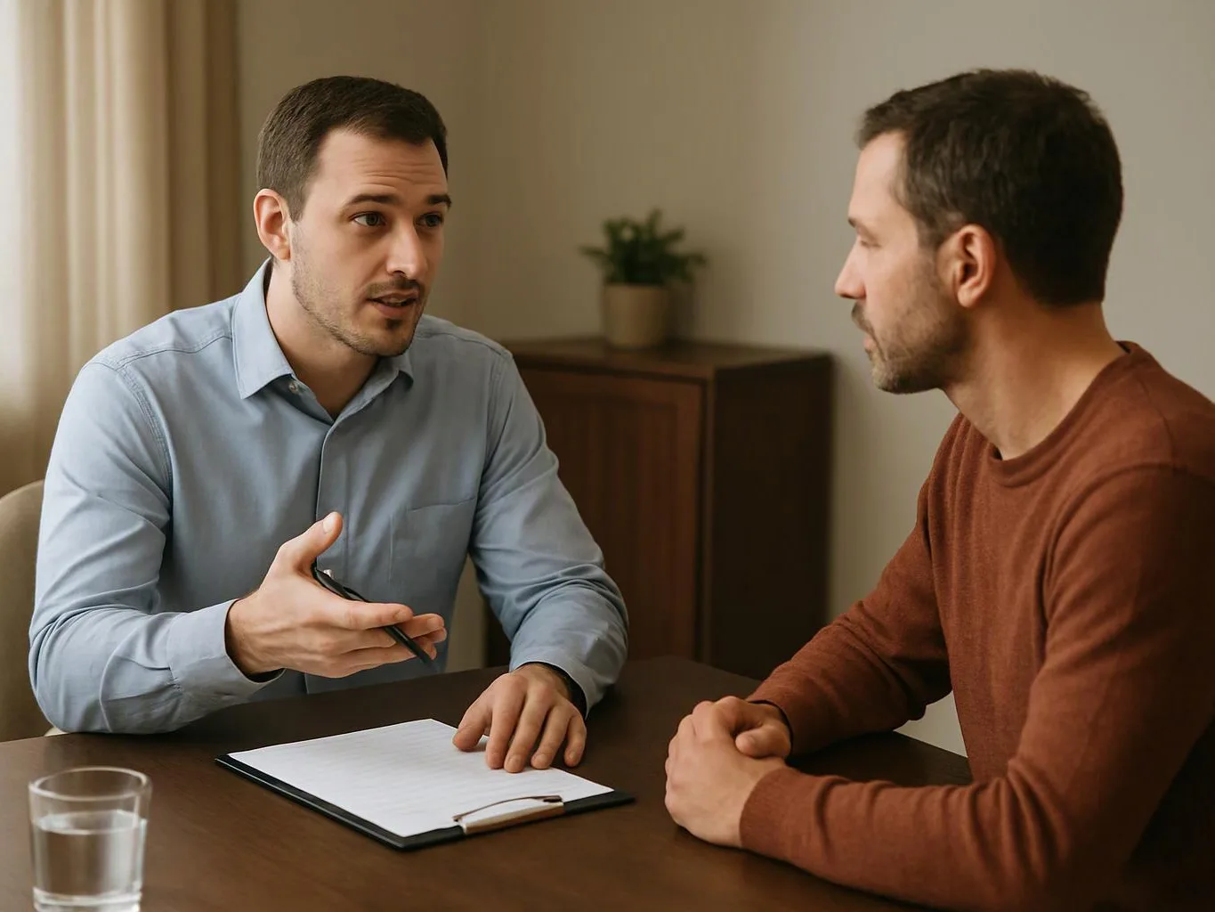 Two men sit at a table, one gesturing with a pen while speaking across a clipboard in a small room