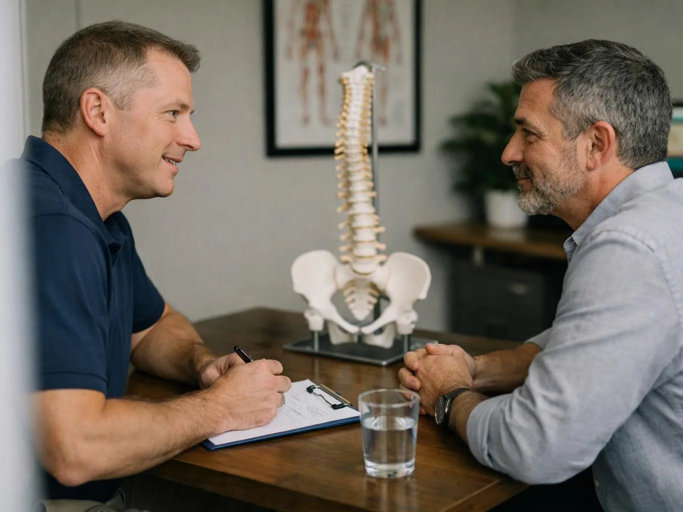 Two men sit at a table talking across a spine model, with a clipboard and water glass in front of them
