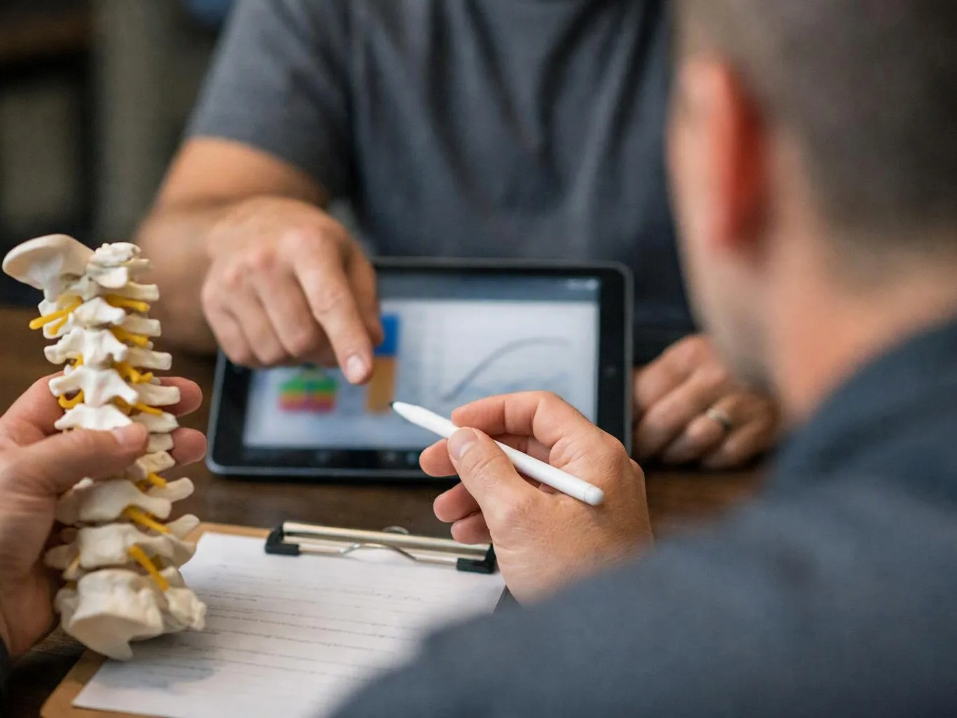 Two people discuss a spine model while one points at a tablet on a desk