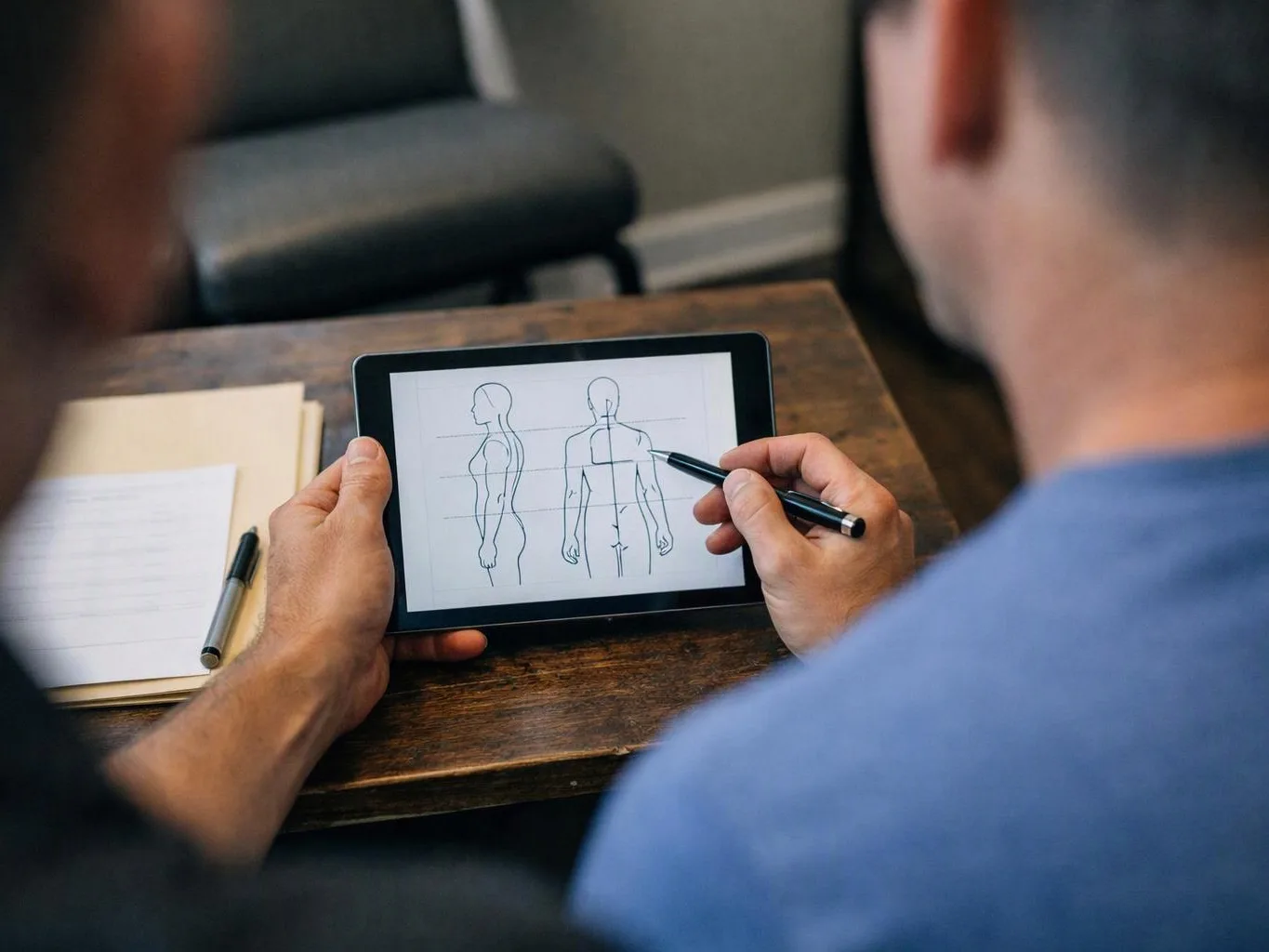 Two people study a tablet showing body outline drawings at a wooden desk with papers and pens