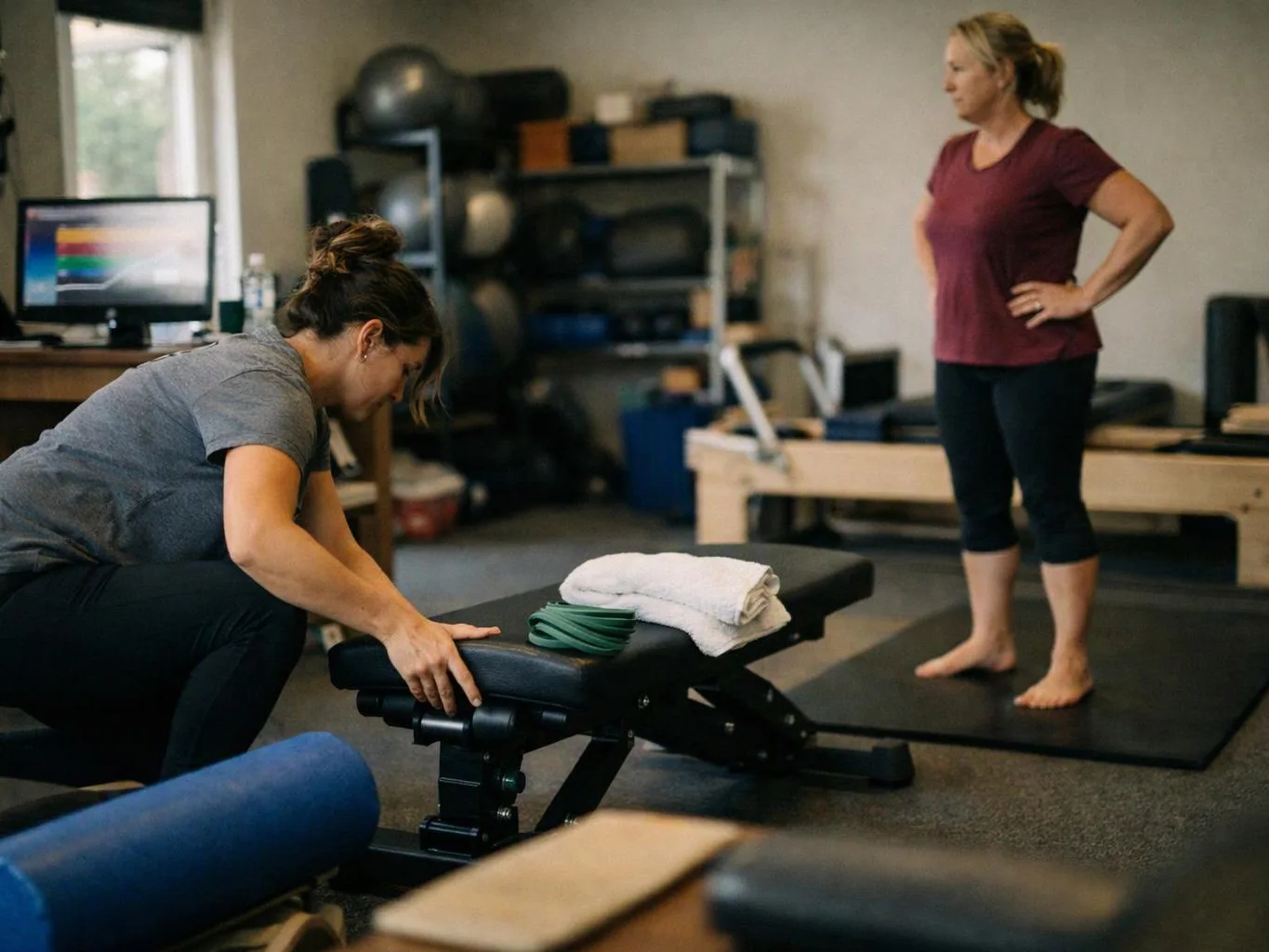 Two women in a gym, one adjusting a bench while the other stands on a mat watching