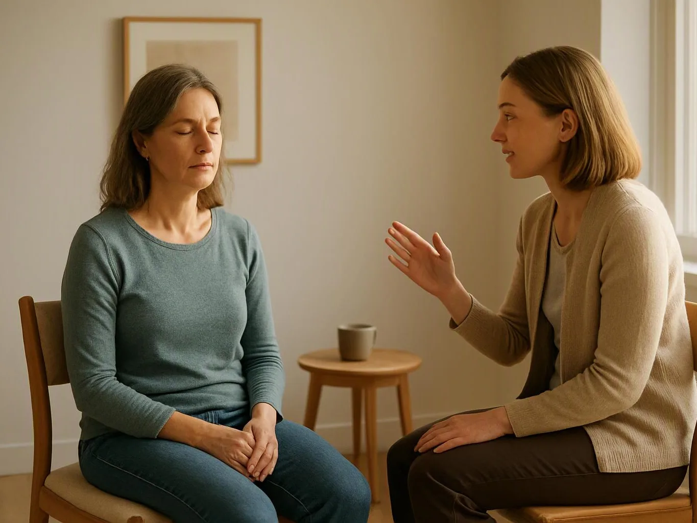 Two women sit facing each other in a calm room, one speaking while the other sits with eyes closed