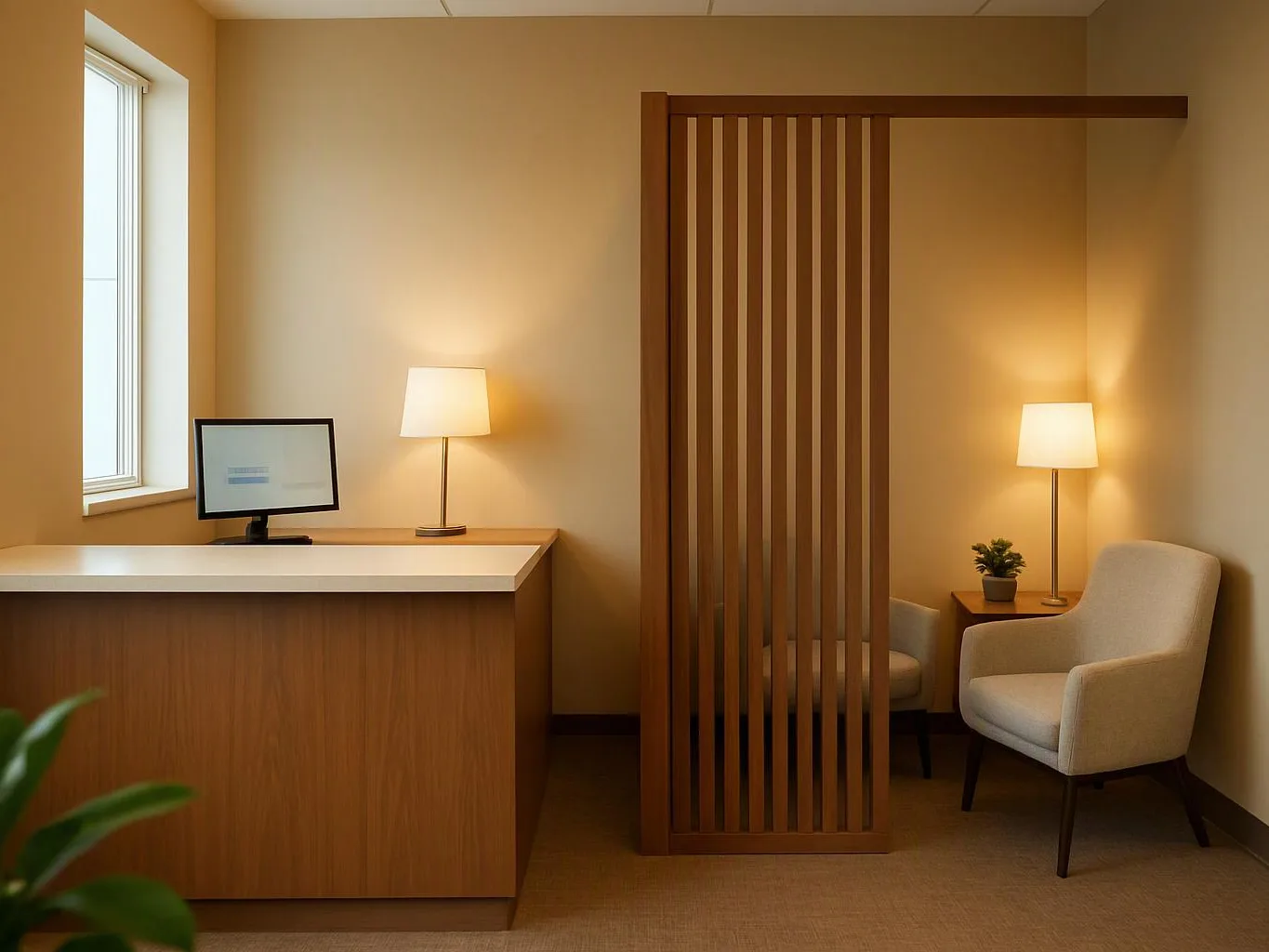 A warm office waiting area shows a wood desk, lamps, chairs, and a slatted room divider