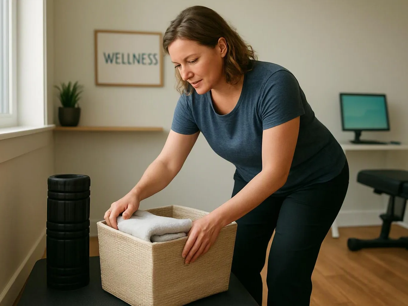 A woman arranges folded towels in a woven basket in a bright wellness room