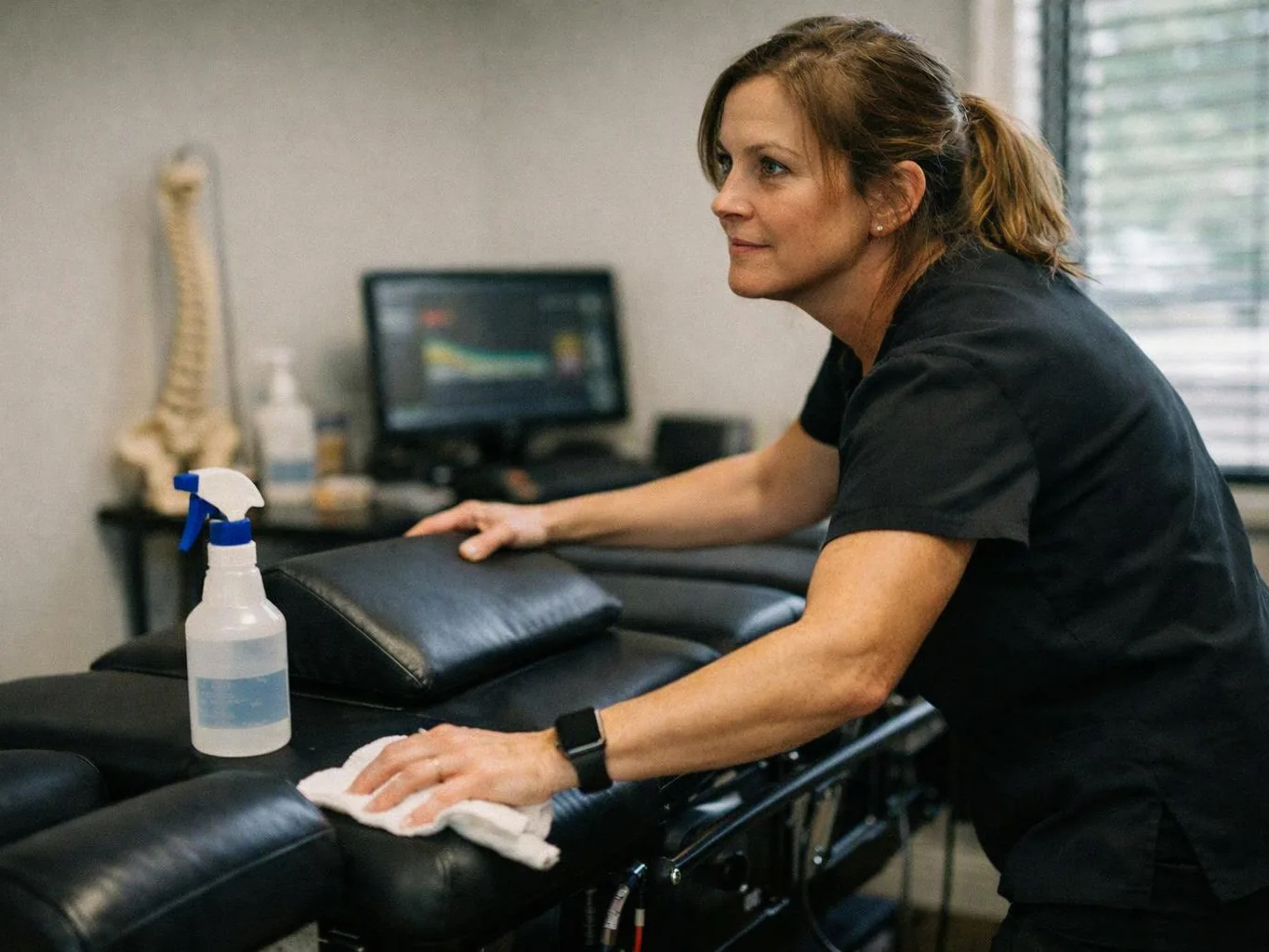 A woman in black scrubs wipes a treatment table in a clinic room