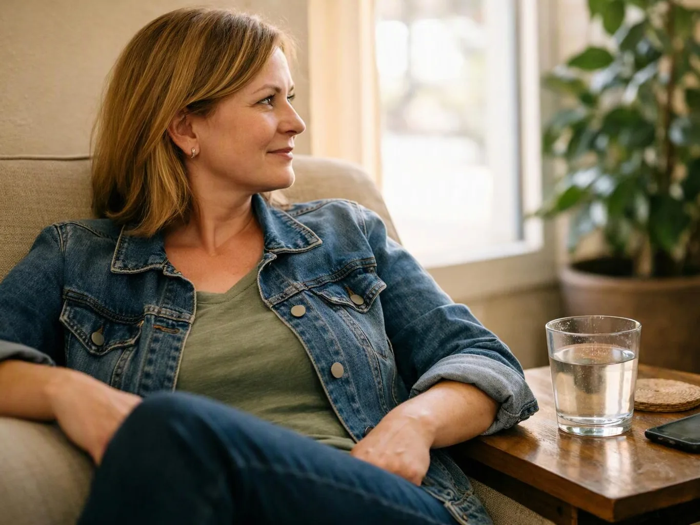 A woman in a denim jacket sits on a chair by a window beside a glass of water and a phone