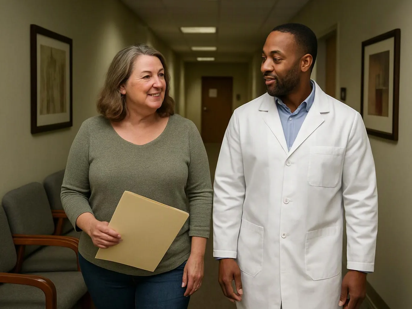 A woman holding a folder walks with a man in a white lab coat down a hallway