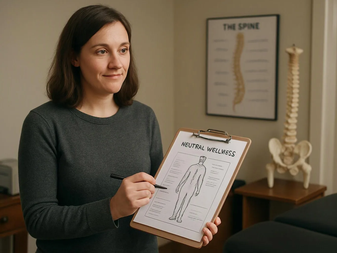 A woman holds a clipboard with a body diagram, standing beside a spine chart and model in a clinic room