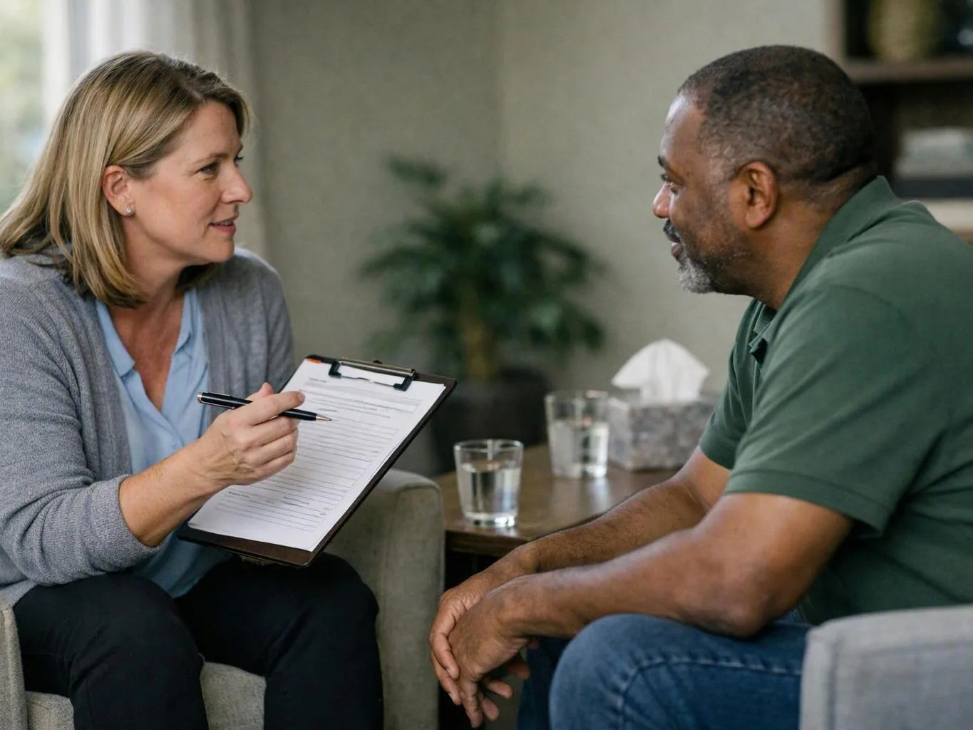 A woman holds a clipboard and pen while talking with a seated man in a living room