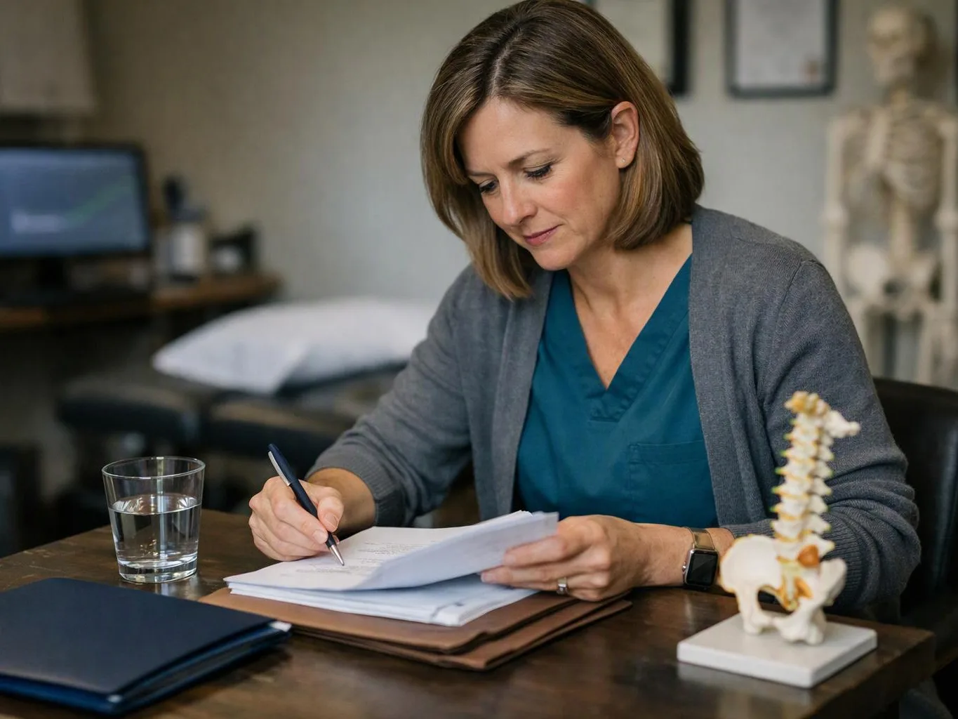 A woman in scrubs writes on papers at a desk in an exam room, with a water glass and spine model nearby
