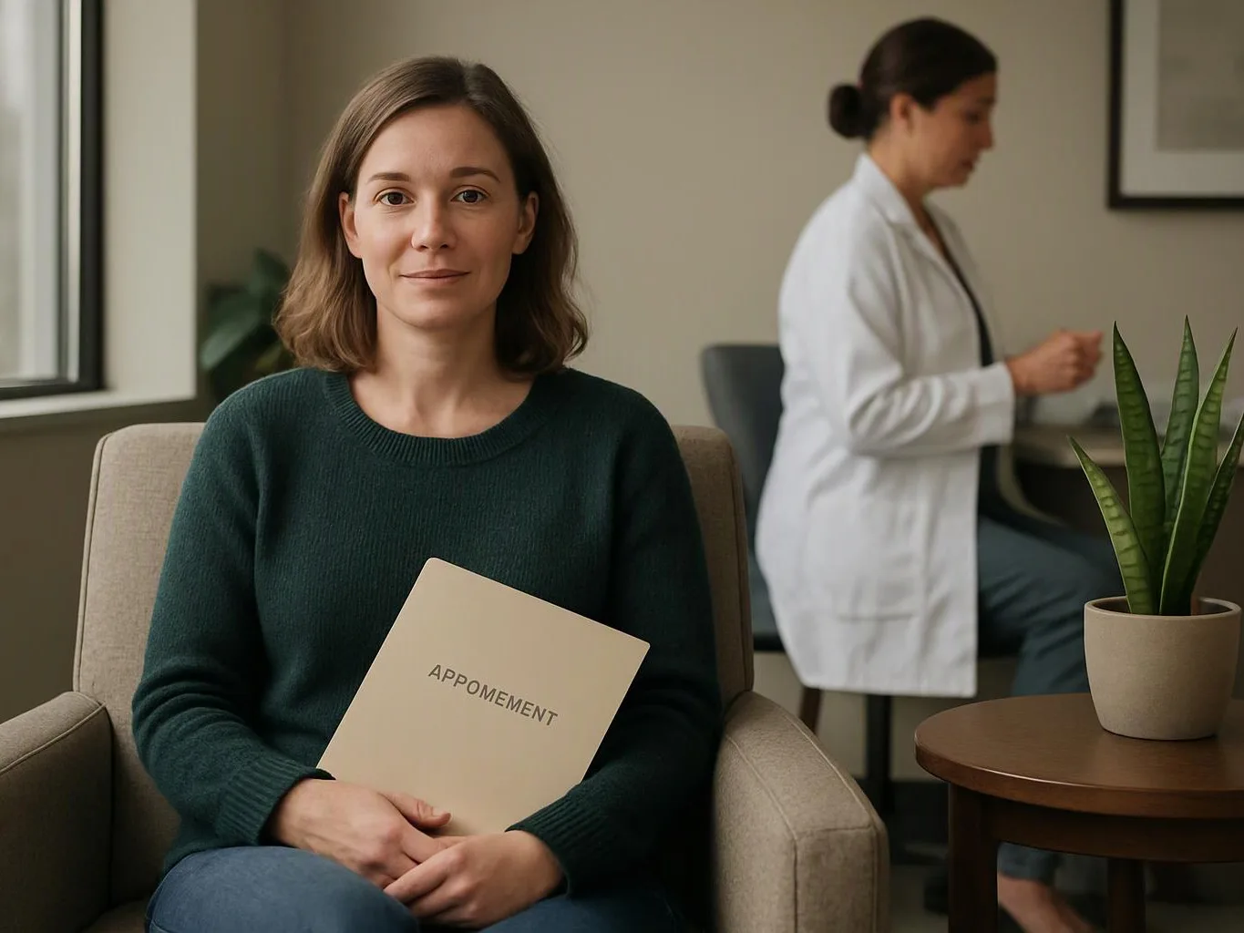 A woman sits holding an appointment folder while a doctor works in the background of a quiet office