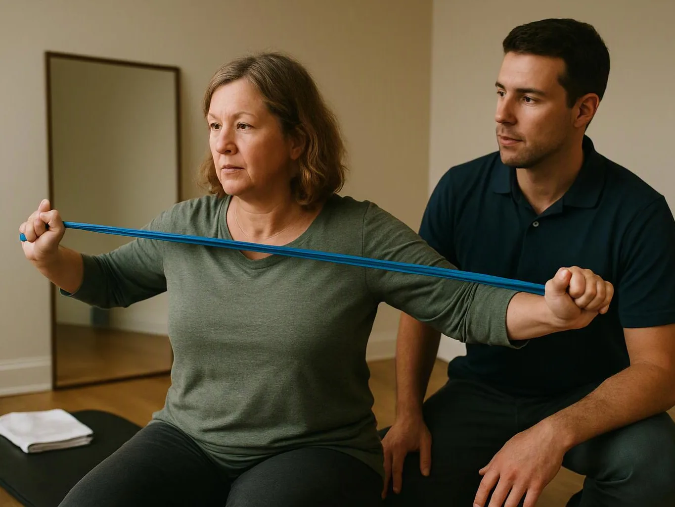 A woman stretches a blue band while a man sits beside her in a simple exercise room
