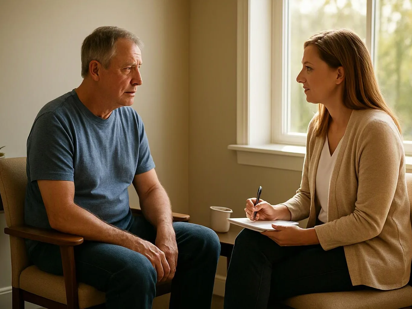 A woman takes notes while speaking with an older man in a bright room by a window