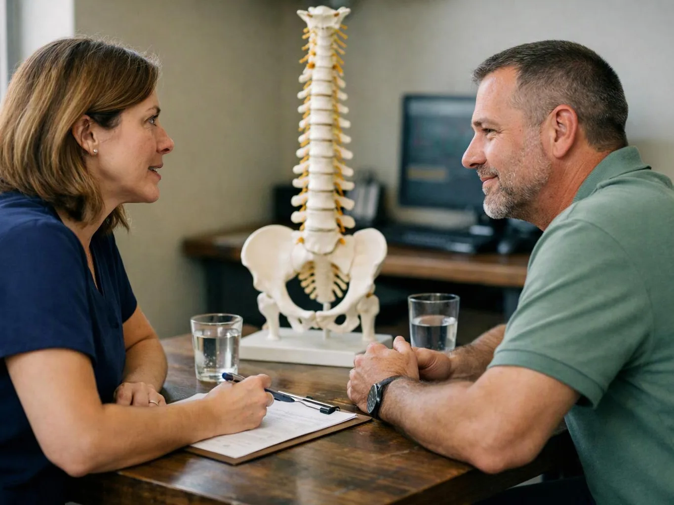 A woman takes notes while talking with a man across a table, with a spine model between them in an office