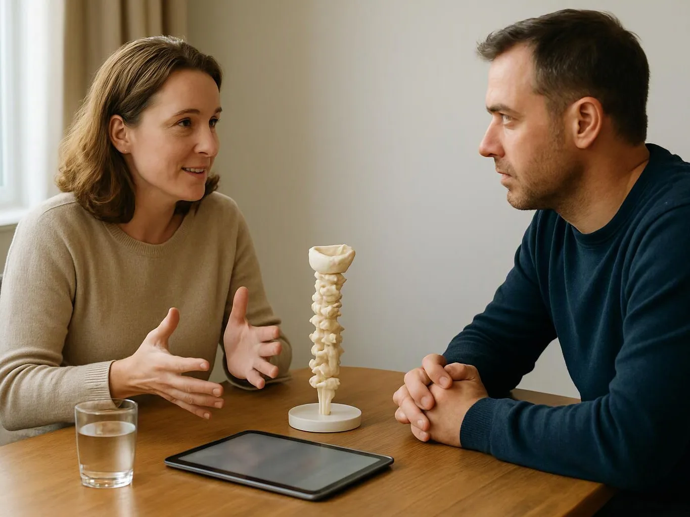 A woman talks to a man across a table, with a model spine and tablet between them