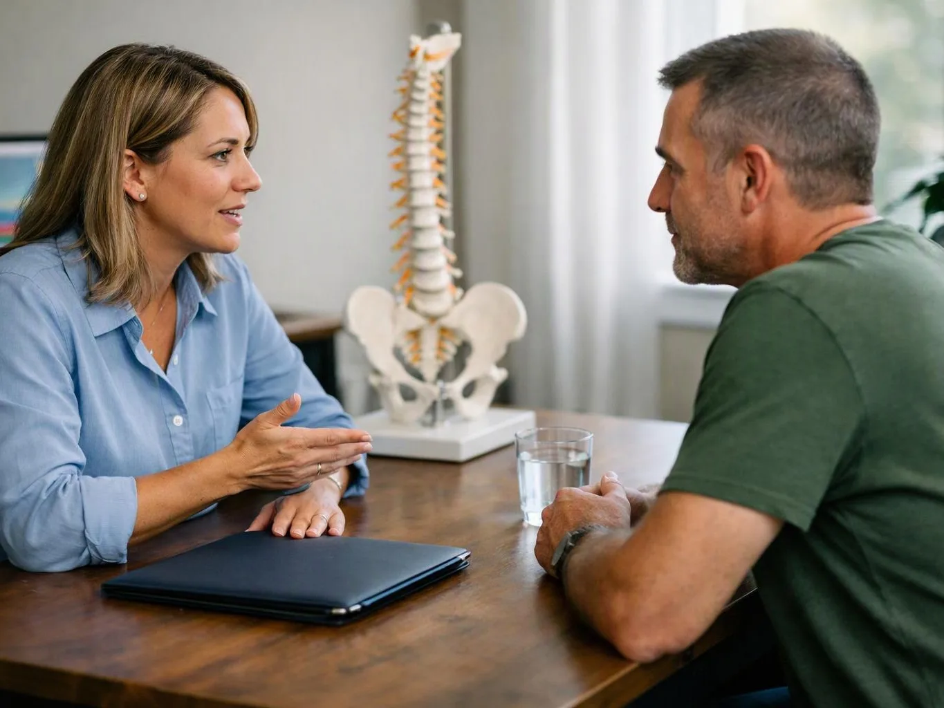 A woman talks with a man at a table, with a spine model and water glass in the background