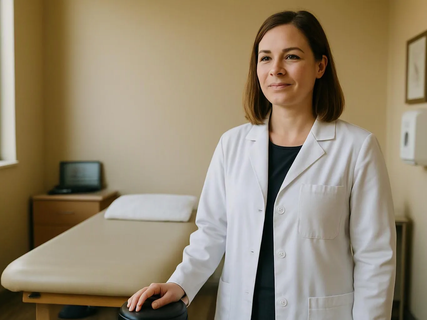 A woman in a white coat stands beside an exam table in a clinic room