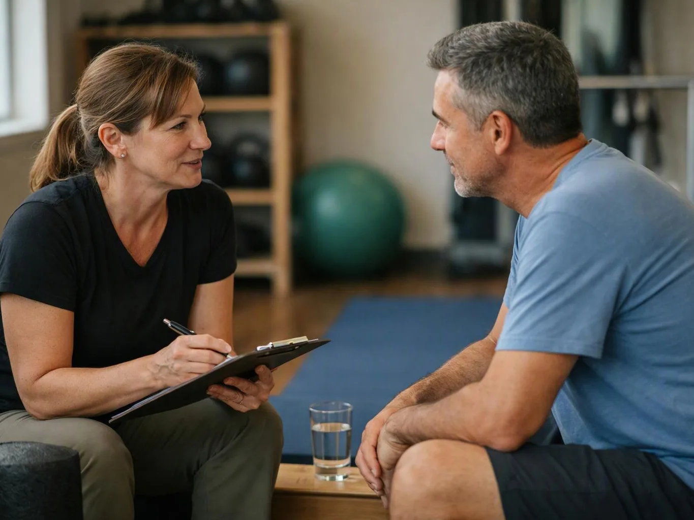 A woman writes on a clipboard while talking with a seated man in a gym room