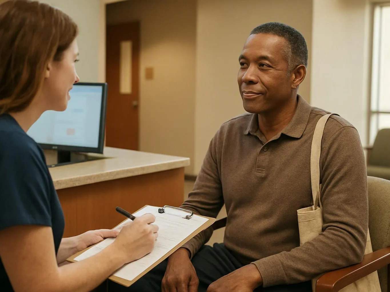 A woman writes on a clipboard while talking to a seated man in a waiting room