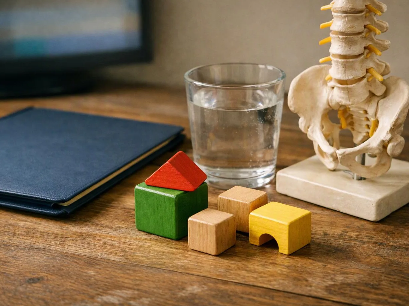 A wooden desk holds a spine model, a glass of water, a dark notebook, and colorful toy blocks