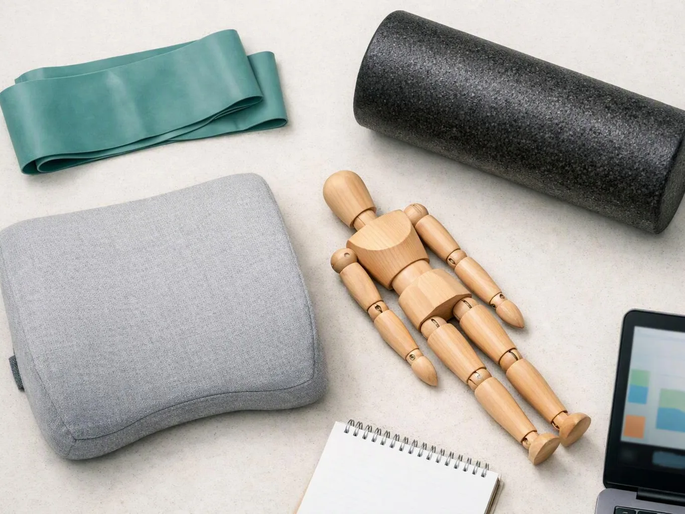 A wooden mannequin lies beside folded fabric, a black foam roller, a gray cushion, and a tablet on a light table