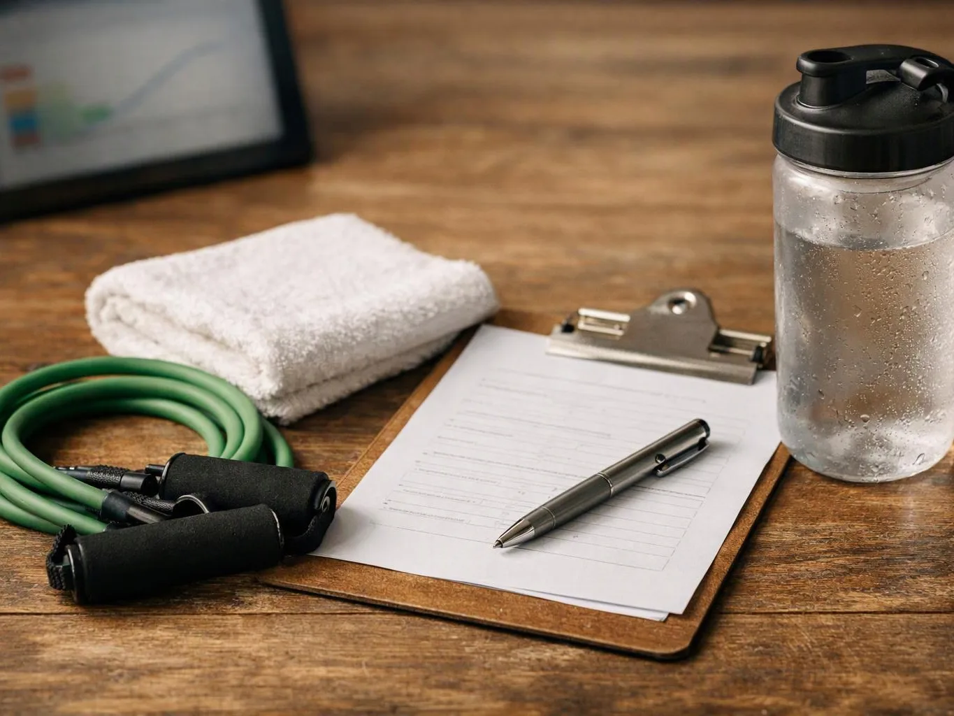 Workout gear and a water bottle sit on a wooden desk with a clipboard and pen