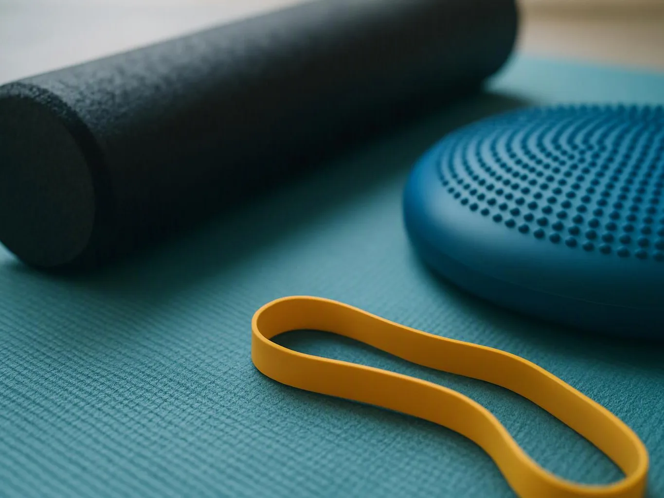 A yellow resistance band lies on a blue exercise mat beside a foam roller and a textured balance cushion