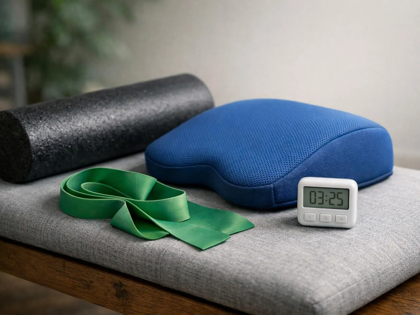 Yoga props sit on a gray bench, including a foam roller, cushion, resistance band, and small timer
